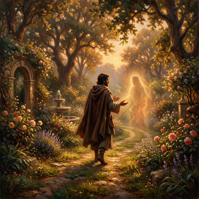 Person walking with God in a garden at golden hour