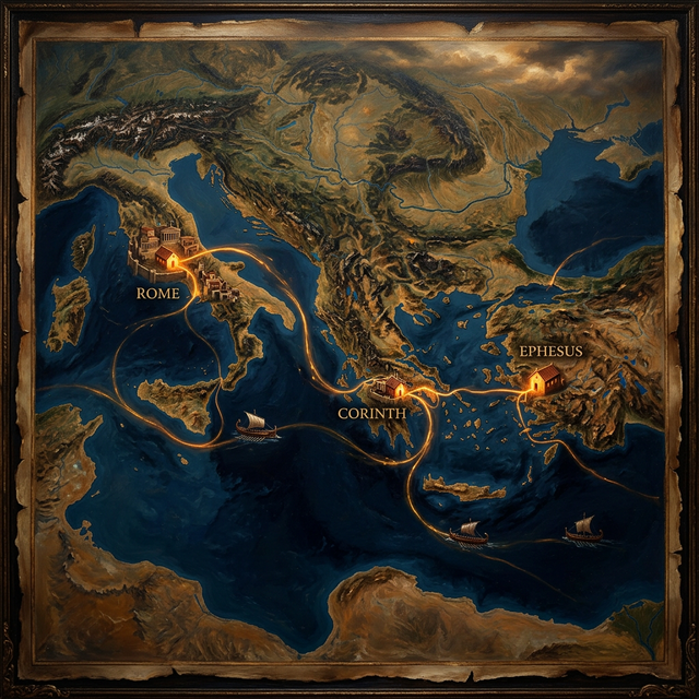 Map showing Corinth, Ephesus, and Rome with house church symbols