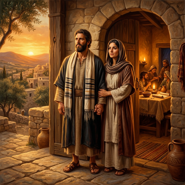 Priscilla and Aquila standing together in unity with a church behind them