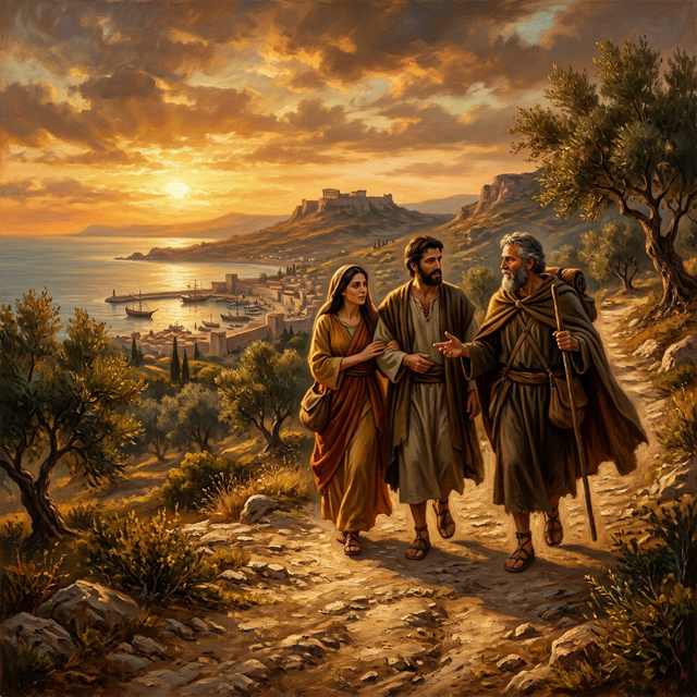 Paul, Priscilla, and Aquila walking together on a road in Corinth