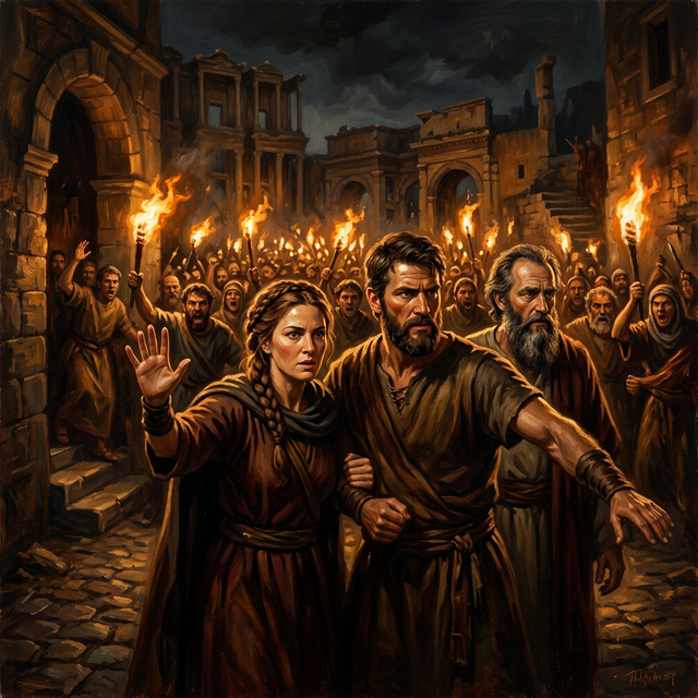 Priscilla and Aquila shielding Paul during a dangerous night in Ephesus