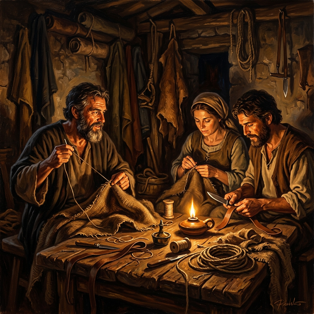 Priscilla and Aquila working at a tentmaking workshop with Paul