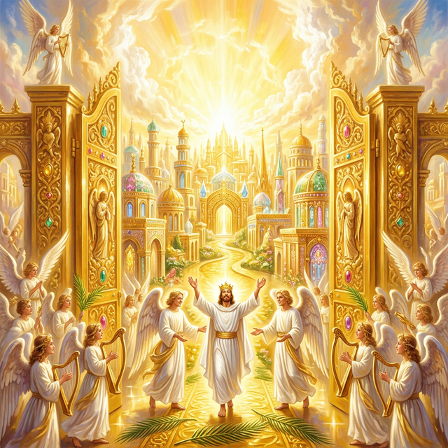 The radiant Celestial City with gates of pearl