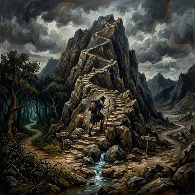 Christian climbing a steep, narrow hill