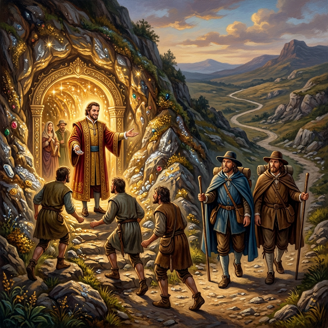 Demas beckoning from the entrance of a silver mine