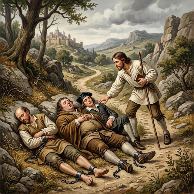 Three men chained and sleeping by the roadside