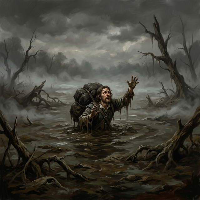 Pilgrim sinking in miry swamp of despair