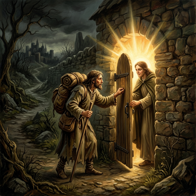 Christian knocking at the narrow wicket gate