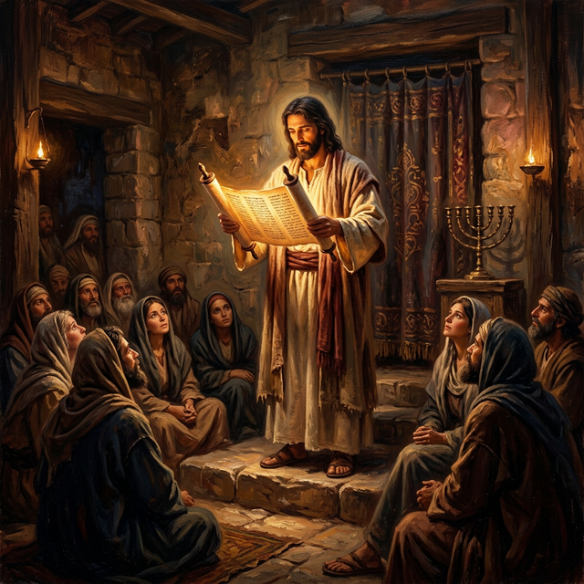 Jesus reading the scroll in a Nazareth synagogue