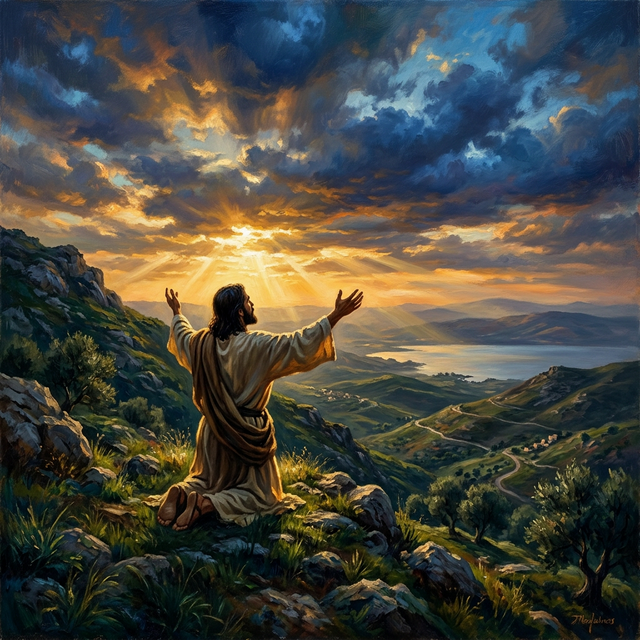 A figure kneeling on a mountainside at dawn