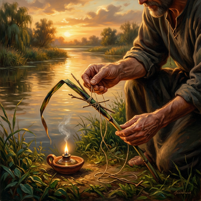 Gentle hands splinting a bruised reed by a river