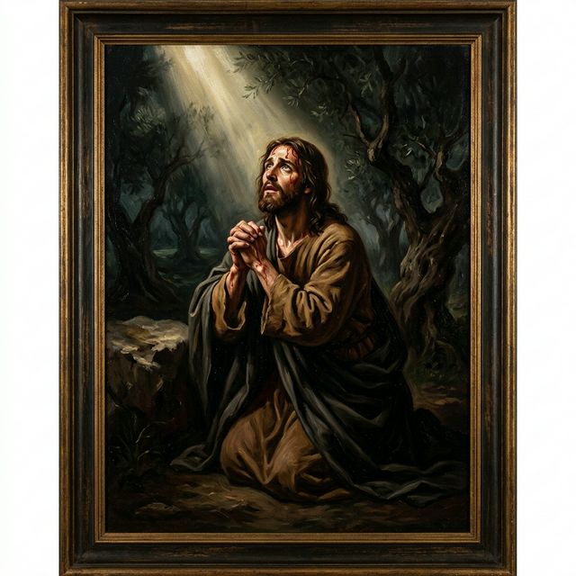 Jesus in Gethsemane, kneeling in agony with divine light