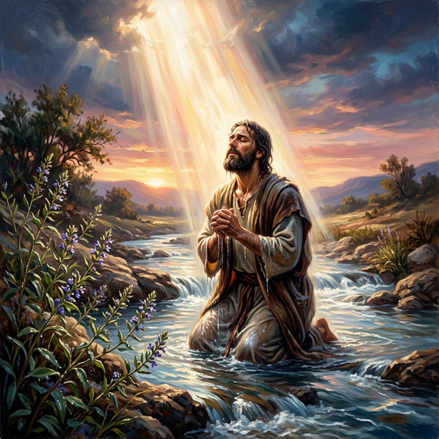 David kneeling in a stream being washed by light from above