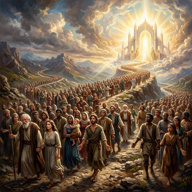 A diverse procession walking toward a radiant throne room with empty hands