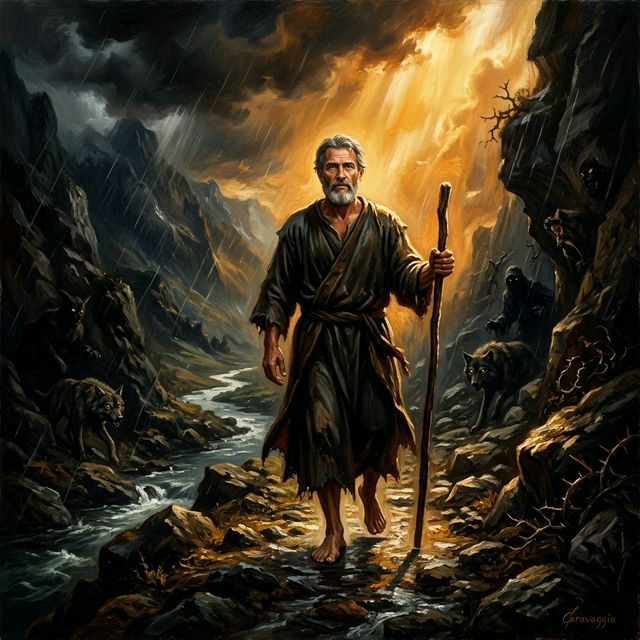 Believer walking through dark valley with staff and golden light