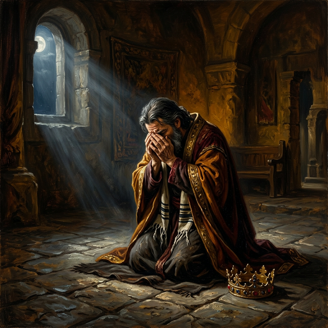 King David kneeling with crown removed, face in hands