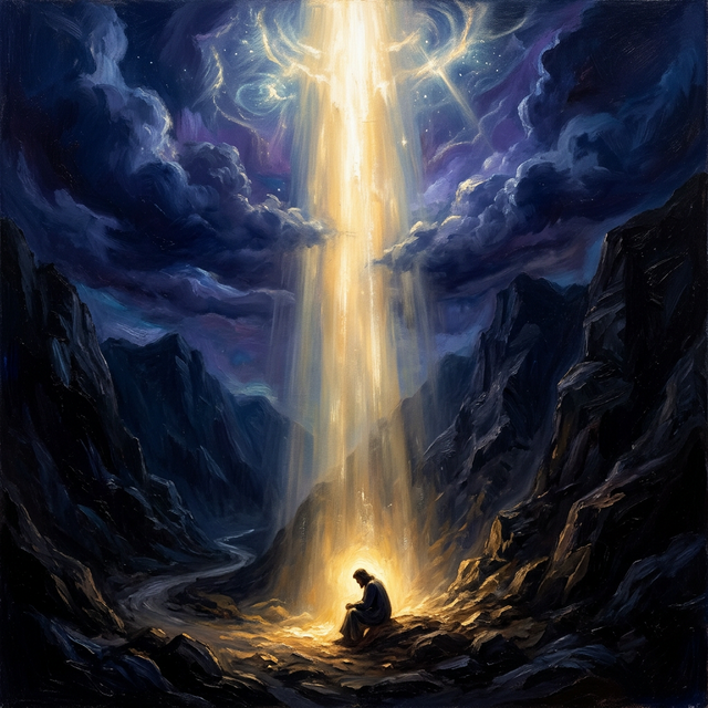Celestial light descending into a dark valley to a solitary figure