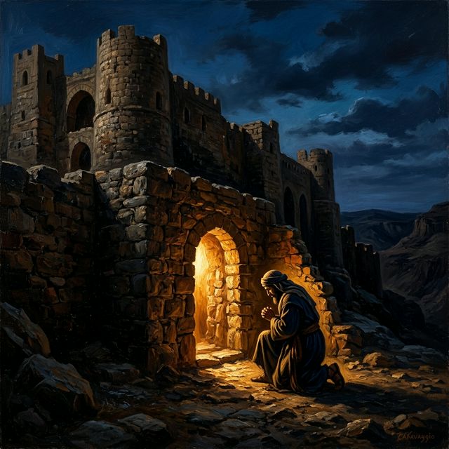 Figure kneeling in the shadow of a massive fortress with golden light