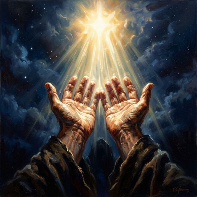 Open empty hands reaching upward toward heavenly light