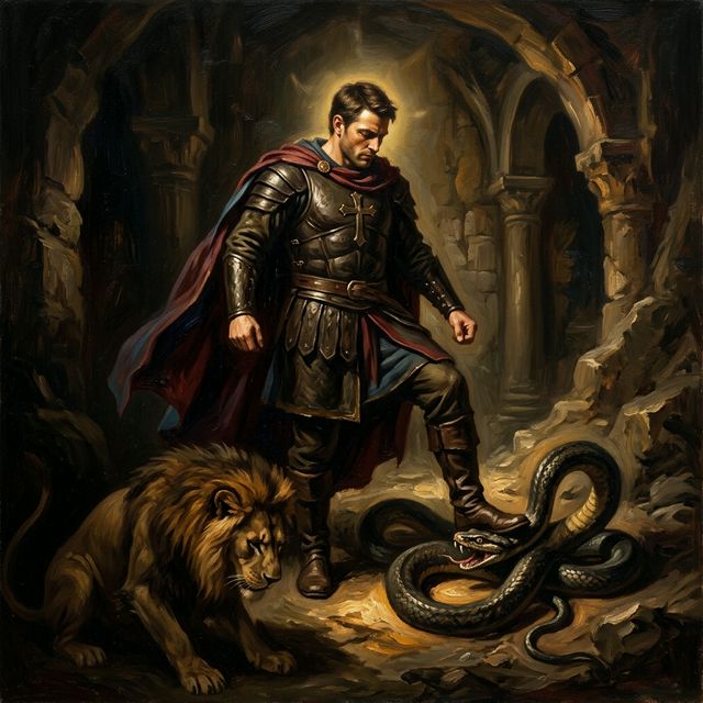 Warrior of faith with foot on serpent and lion