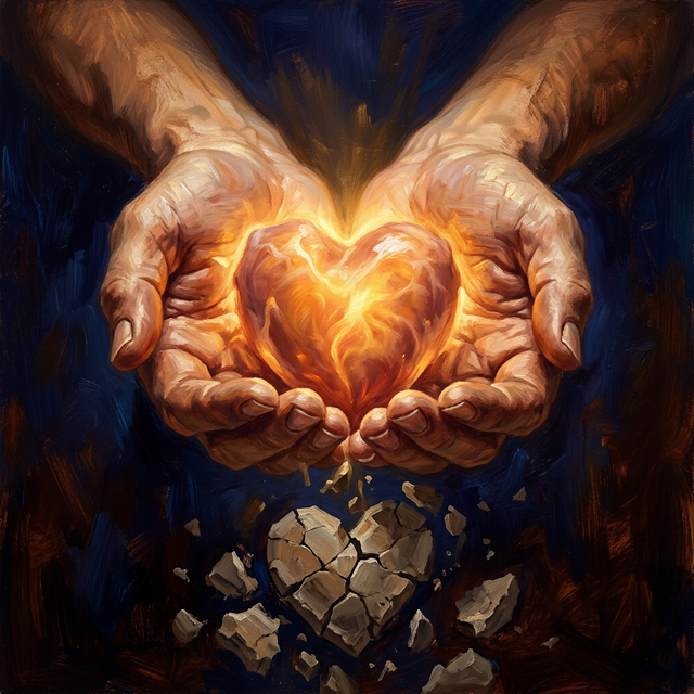 A glowing heart of flesh held in open hands, stone heart crumbling below