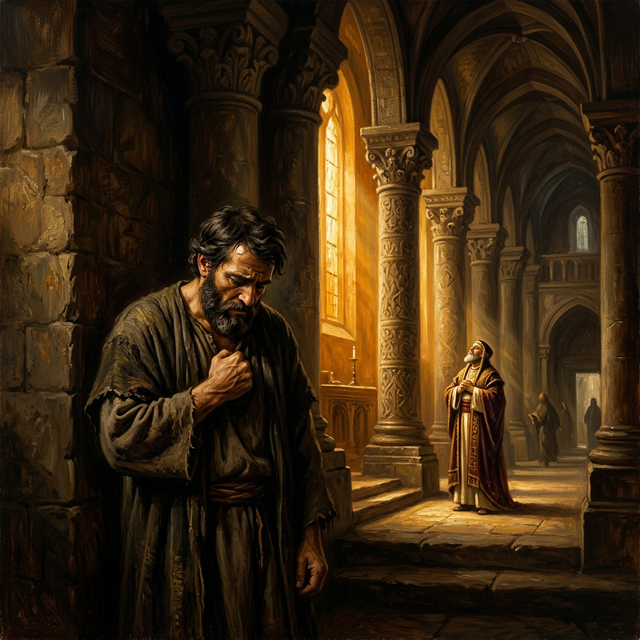 The tax collector beating his chest in the temple shadows