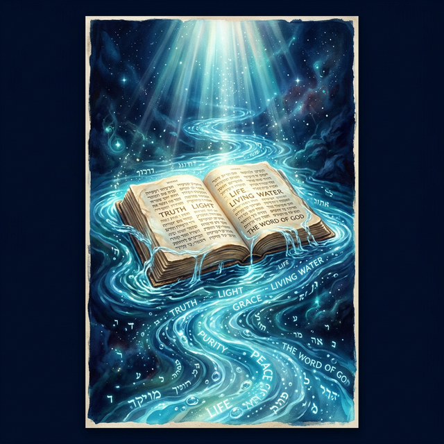 Water of the Word — open Bible with flowing luminous water