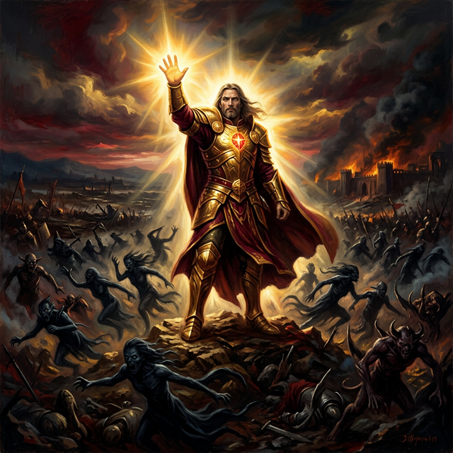 A warrior standing with divine authority as dark enemies flee