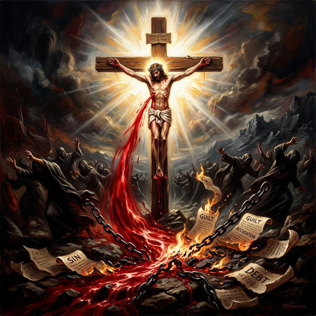 Blood from the cross shattering chains and scrolls of accusation