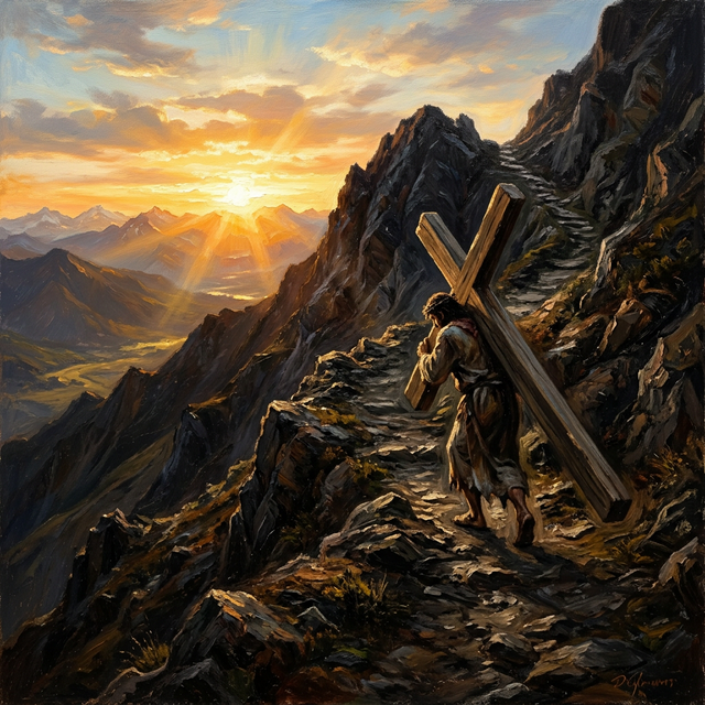 A figure carrying a cross uphill toward a glorious sunrise