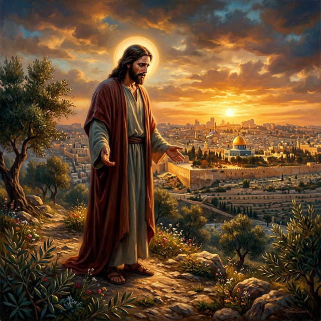 Jesus overlooking Jerusalem at sunset with tears of compassion
