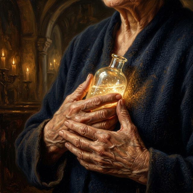 Hands tenderly holding a glowing tear bottle close to the heart