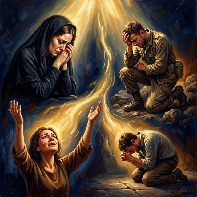 Different people weeping different kinds of tears connected by divine light