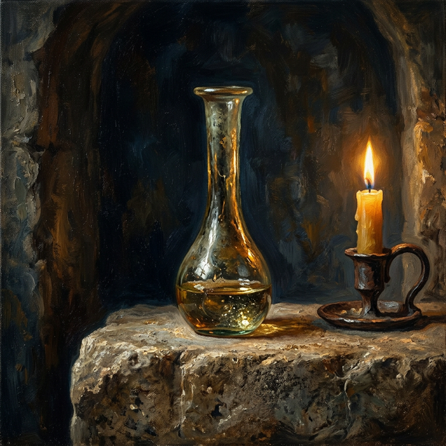 Ancient glass tear bottle illuminated by candlelight