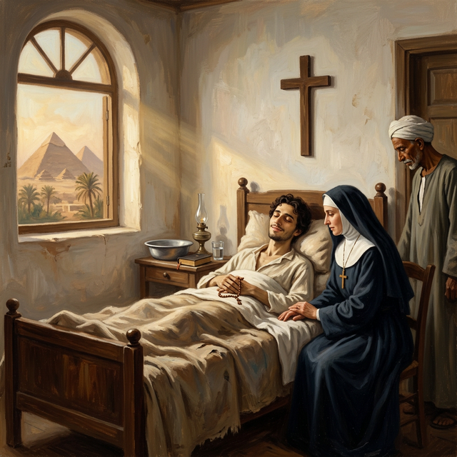 A hospital room in Cairo — Borden's final rest, pyramids visible through the window