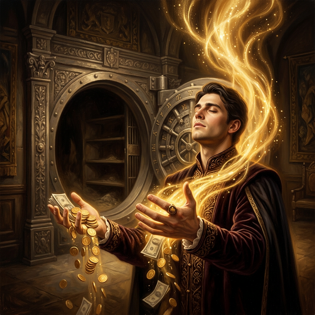 Borden releasing his fortune — gold dissolving into light from an empty vault