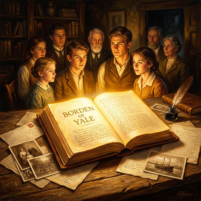 The book 'Borden of Yale' glowing on a table, inspiring future generations